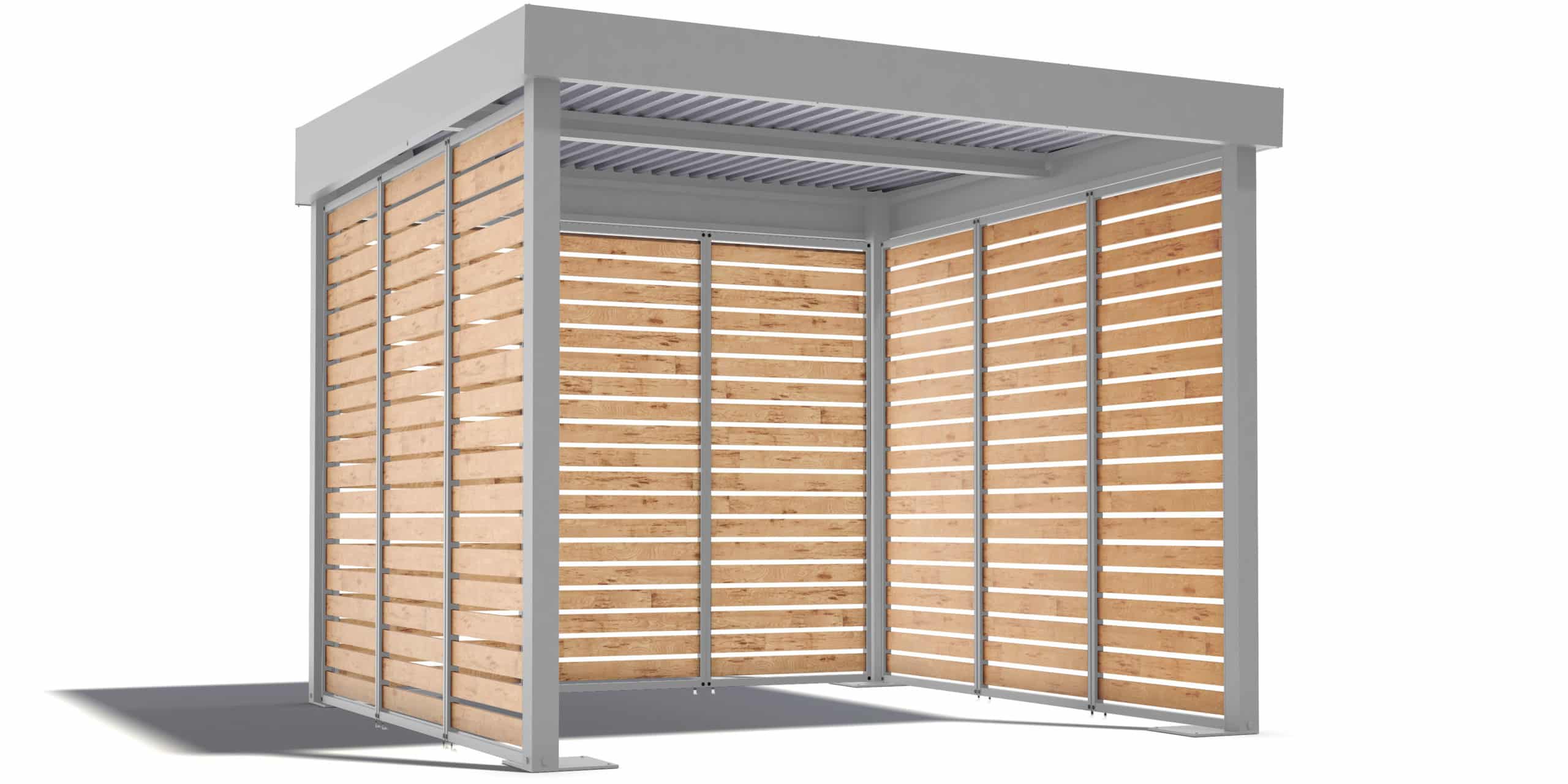 Acélszerkezetes pergola fabetétekkel