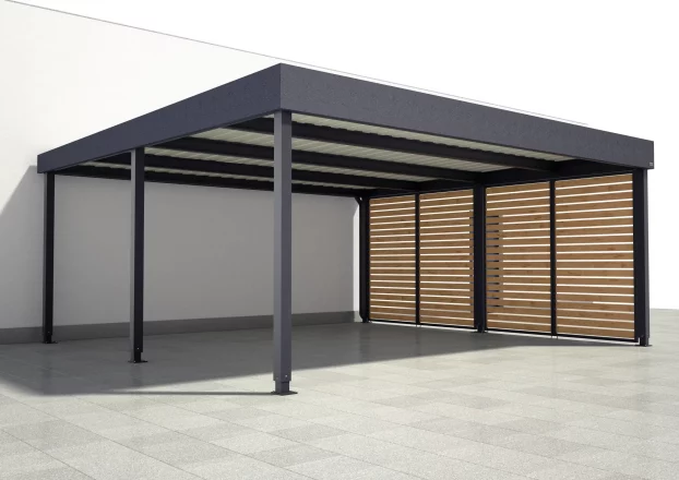 Vizualizace přístřešku pro dvě auta s designovou výplní