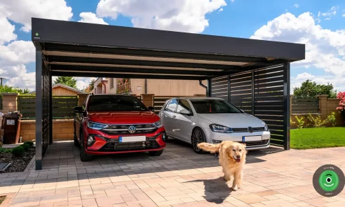 Acélból készült kétállásos kocsibeálló fehér és piros autóval