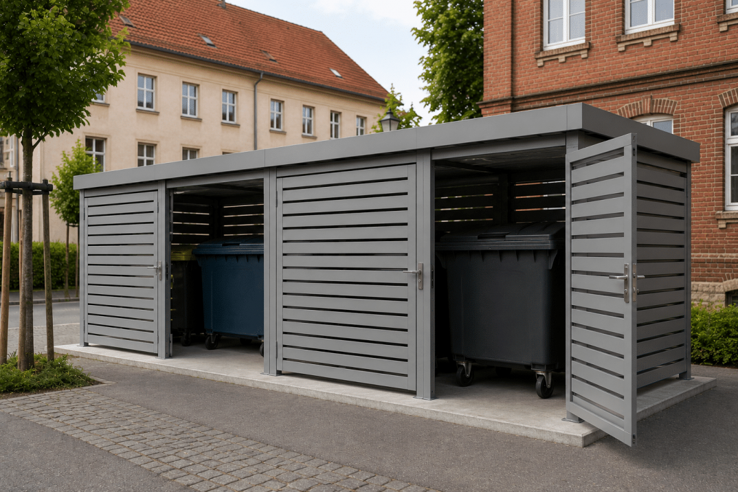 Gardeon hulladéktároló több rekesszel, városi lakóövezetben